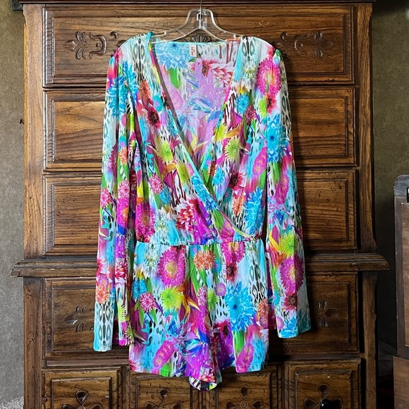 Luli Fama Sheer Floral Long Fan Sleeve Romper - Picture 3 of 9